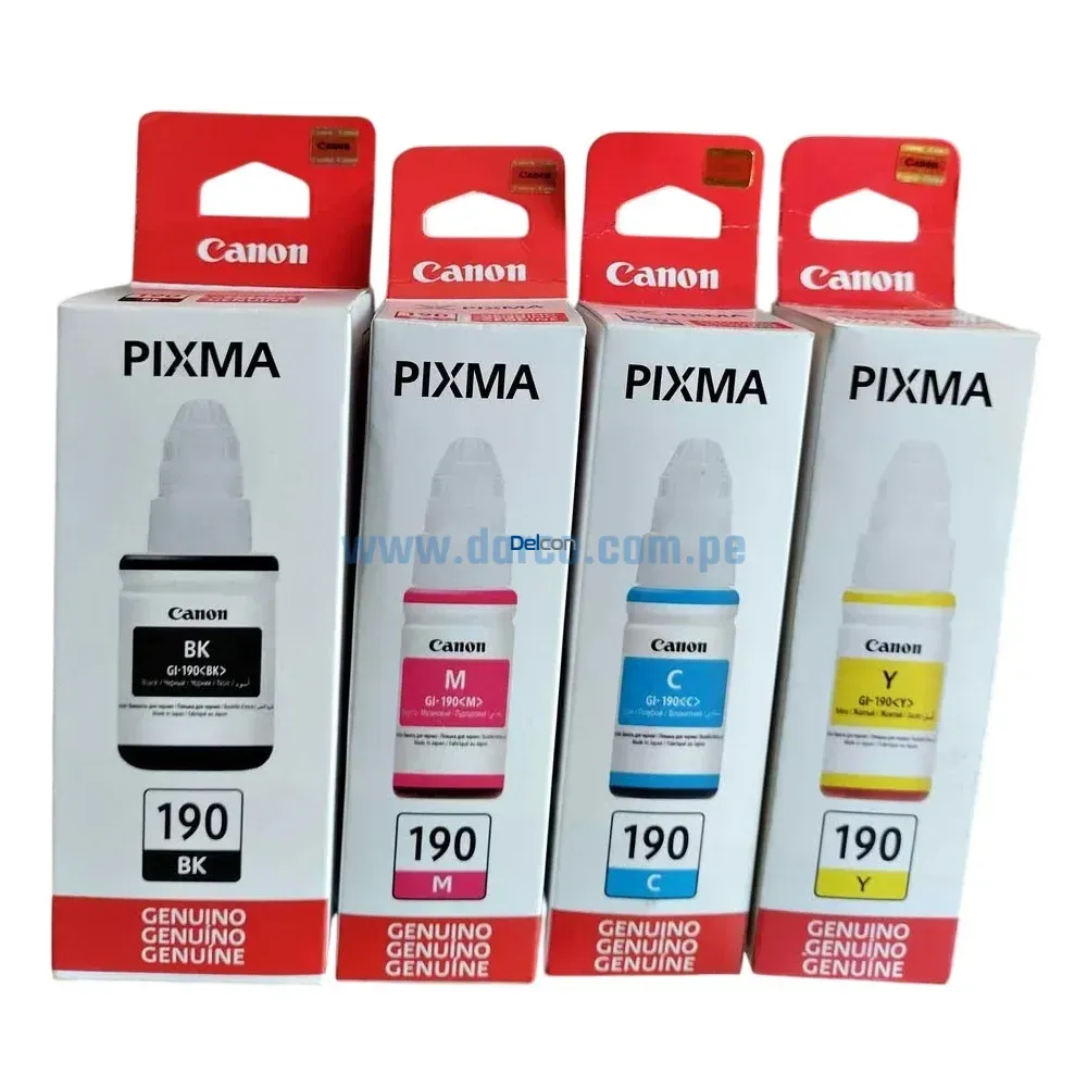 Kit De Tinta Canon GI-190 G3100 / G2100 / G1100 (BK, C, M, Y)